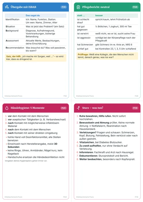 Kitteltaschenkarten Praxis: ISBAR, Pflegebericht, Händehygiene, Sturz